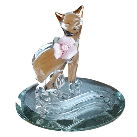 Baron Glass Crystal Kitty Cat Sculpture 22k Gold Trim Pink Rose Clear Miniature - Picture 2 of 7